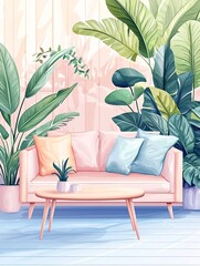 A cozy living room with pink sofa and tropical plants