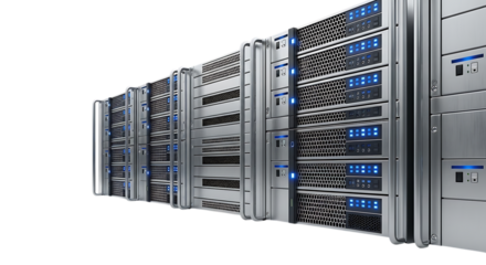 Server racks with glowing blue indicator lights and metallic finish, isolated on white or transparent background. PNG