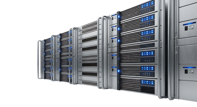 Server racks with glowing blue indicator lights and metallic finish, isolated on white or transparent background. PNG