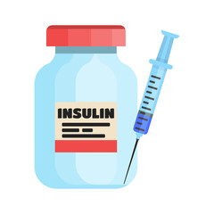 A set of isolated illustrations of insulin bottles and syringes for advertising flyers on the theme of blood diseases, diabetes, and other blood disease treatments.