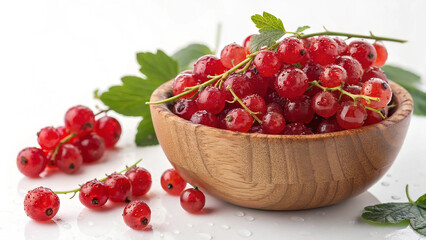 Fresh Currant in wooden bowl with water drop isolated in white background