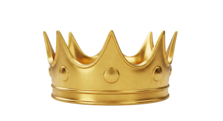 Shiny golden crown with pointed tips and circular embellishments, isolated on white or transparent background. PNG