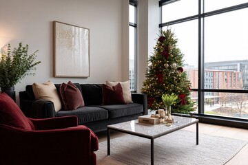 Fototapeta premium Modern open-plan living space decorated for Christmas celebration