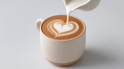 Creamy milk being poured into a coffee cup to create a heart shape latte art design against a minimalistic background of soft colors