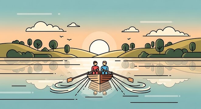 Rowboat Sunset Lake Landscape.