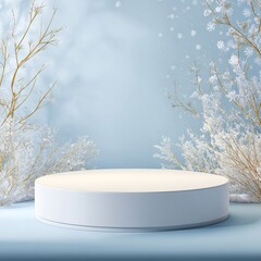 a round podium on the right side of an empty white table, with a winter background featuring snowflakes and silver branches