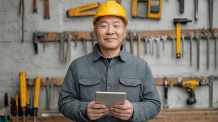 Professional worker in a workshop holding a tablet, wearing a yellow helmet and gray shirt, tools in the background showcasing a hands-on environment