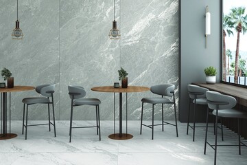 Minimal restaurant area interior with space with marble on wall and flooring and chic modern furniture setup, wooden circular tables around the dining space. 3D Rendering