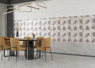 Extra ordinary dining area interior featuring tiled walls and modern minimalist furniture, six chaired dining table with quartz tabletop. 3D Illustrations. 3D Rendering