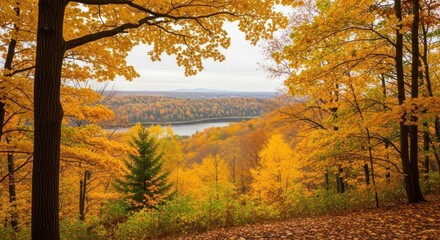 Vibrant autumn forest canopy frames a serene river valley, showcasing golden hues