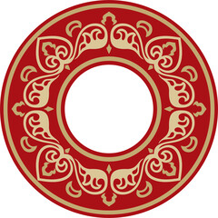 Vector round gold and red ancient Russian ornament. Slavic border, frame. Circle, ring. Painting of the royal chambers.