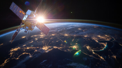 Satellite with sun flare over earths illuminated surface satellite