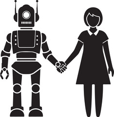 Robot and Girl Holding Hands Symbolizing Connection and Future Collaboration Silhouette Design