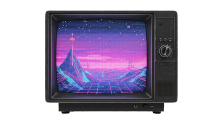 Retro vintage television with neon digital landscape on screen, 1980s style technology and futuristic grid design, perfect for nostalgia or tech themes