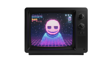 Retro television screen showing a neon smiley face with pixelated effects and futuristic grid background, perfect for technology and nostalgia projects
