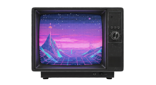 Retro vintage television with neon digital landscape on screen, 1980s style technology and futuristic grid design, perfect for nostalgia or tech themes