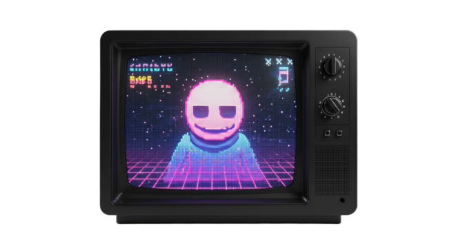 Retro television screen showing a neon smiley face with pixelated effects and futuristic grid background, perfect for technology and nostalgia projects - Powered by Adobe
