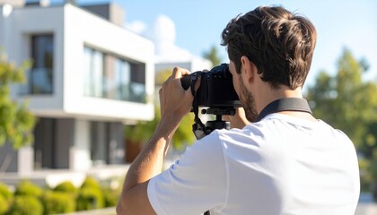 Male photographer adjusting camera on tripod, capturing modern house exterior for real estate listing, highlighting professional property photography and marketing presentation