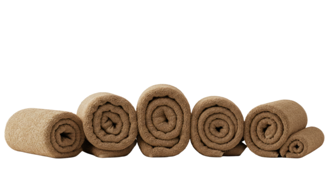 Rolled brown towels stacked in a row on white background, perfect for spa and wellness themes