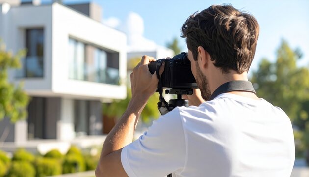 Male photographer adjusting camera on tripod, capturing modern house exterior for real estate listing, highlighting professional property photography and marketing presentation