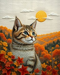 Thread Painting: Adorable Cat in Autumnal Embroidered Scene