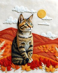 Thread Painting: Adorable Cat in Autumnal Embroidered Scene