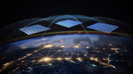 Solar panels orbit earth providing clean energy from space satellite