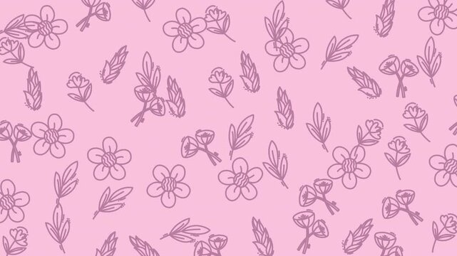 Pink background with small purple flowers and leaves, perfect for springthemed designs like invitations, posters, and social media graphics.