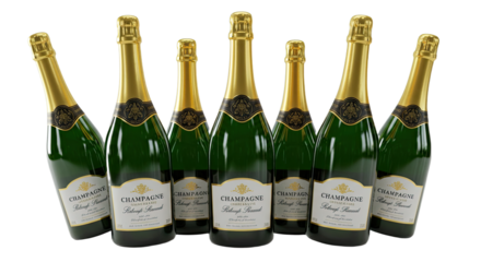 Selection of seven champagne bottles with gold foil tops and white labels isolated on white background, perfect for celebrations and events