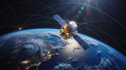 Satellite orbiting earth, transmitting data across global network satellite