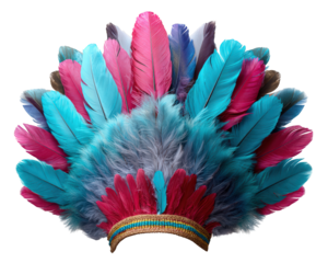 Vibrant, festive colorful feather headdress for carnival celebration. An elaborate party costume decoration accessory for happy parade, masquerade, or show