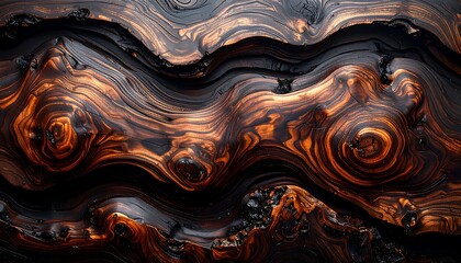 Close-up of richly textured, dark wood with swirling grain patterns and warm, amber highlights. Knots and deep ridges enhance the organic feel