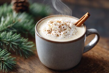 Close-up of steaming classic eggnog topped with whipped cream and spices