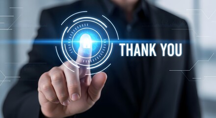Futuristic digital interface displays thank you message with glowing light