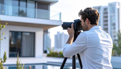 Male photographer adjusting camera on tripod, capturing modern house exterior for real estate listing, highlighting professional property photography and marketing presentation