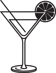 Silhouette of a martini glass with a lemon slice and straw on white background cocktail drink on transparent background