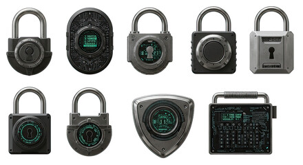 Set of black combination padlocks and a lock keypad with digital dials and numbers, security concept, perfect for technology and safety themed projects