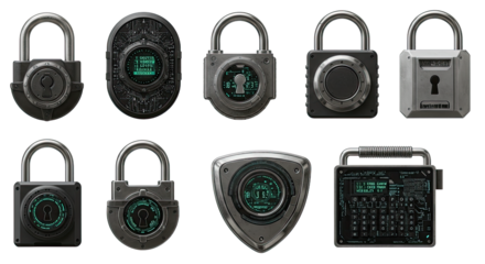Set of black combination padlocks and a lock keypad with digital dials and numbers, security concept, perfect for technology and safety themed projects