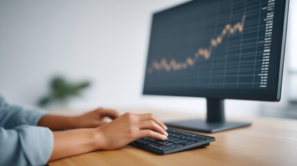 Hands on keyboard working with data analysis and stock market visualization on computer monitor in a modern office setting