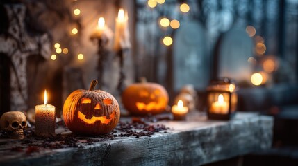 Obraz premium Haunted Halloween Decor: Jack-O'-Lanterns, Candles, and Skull on Weathered Table