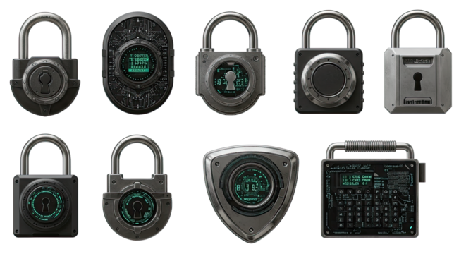 Set of black combination padlocks and a lock keypad with digital dials and numbers, security concept, perfect for technology and safety themed projects