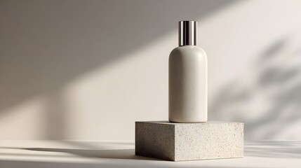 Minimalist matte bottle placed on a textured block Generative AI
