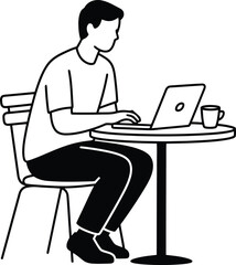 A minimalist line drawing shows a person sitting at a round table, typing on a laptop with a coffee cup nearby.