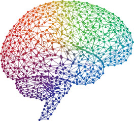 Vector art of abstract colorful network brain silhouette, representing neural connections and artificial intelligence