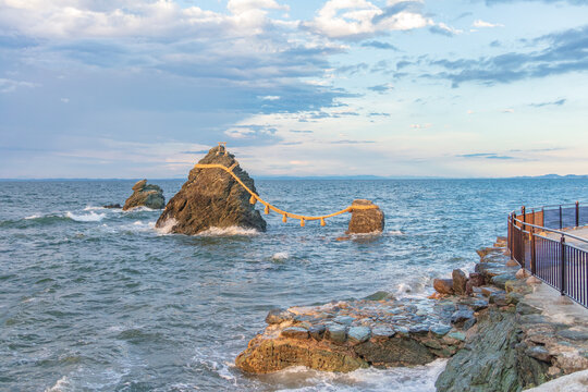Futami Okitama Shrine and Meoto Iwa at sunrise in Ise city, Mie Prefecture, Japan.