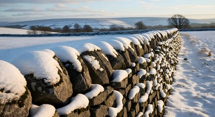 Snowcovered stone wall in a winter landscape