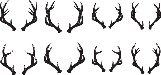 Collection of Eight Black Silhouette Deer Antlers on White Background stag buck on transparent background