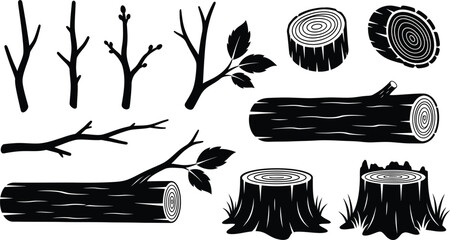 Vector art of collection of black silhouette illustrations of tree branches, logs, and stumps