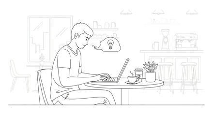Freelancer having a creative idea while working at a coffee shop in a modern line art style