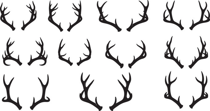 Collection of Twelve Black Silhouette Deer Antlers on White Background stag buck on transparent background